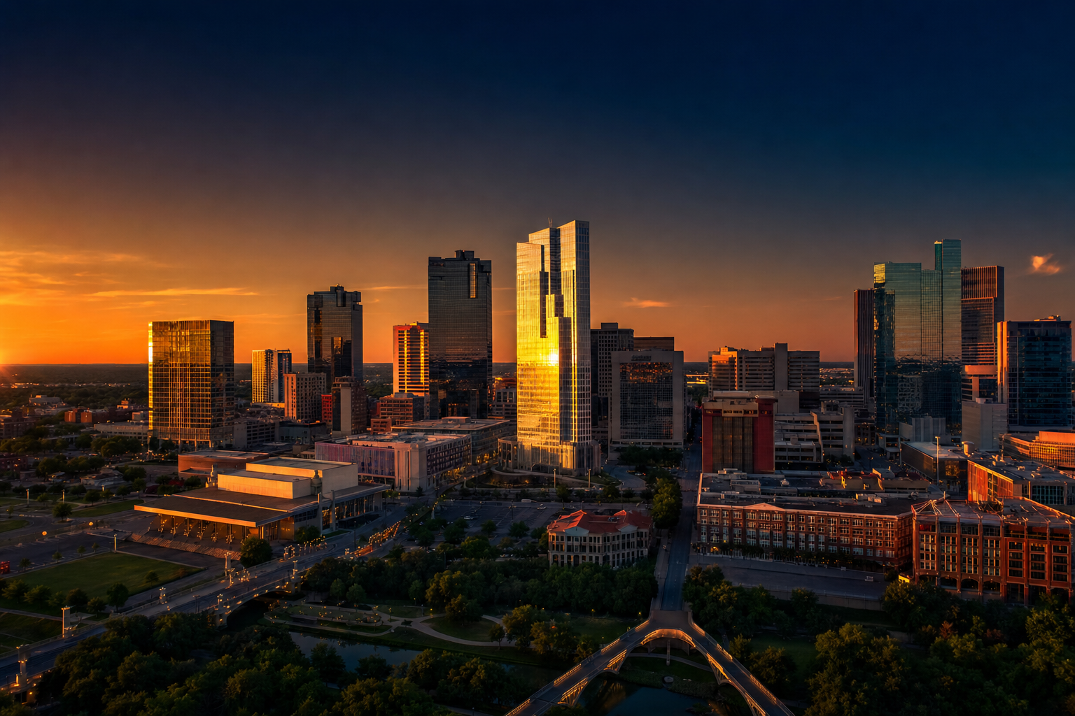 Dallas-Fort Worth skyline at golden hour